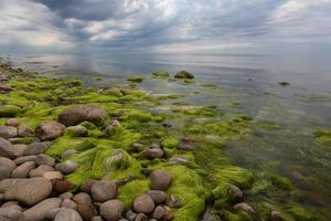 pierres sur la côte de la mer baltique au coucher du soleil photo