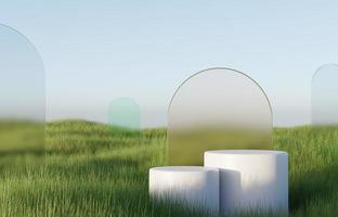 podium cylindrique sur gazon naturel ou champ de mauvaises herbes illustration de rendu 3d photo