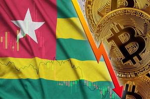 drapeau togo et tendance à la baisse de la crypto-monnaie avec de nombreux bitcoins dorés photo