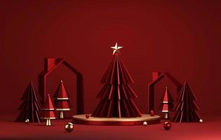 podium bordé d'or et arbre de noël rouge avec bord doré élégant noël et nouvel an sur fond rouge. illustration 3d, rendu 3d photo