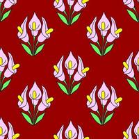 motif symétrique sans couture de fleurs roses sur fond rouge, texture, design photo