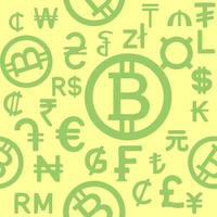 motif vert harmonieux de symboles graphiques de différentes monnaies du monde sur fond jaune, texture, design photo