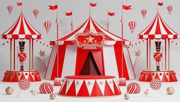 Podium de carnaval 3d avec de nombreux manèges et boutiques chapiteau de cirque illustration 3d photo