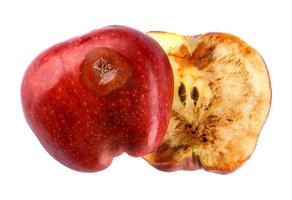 la pomme pourrie coupée en deux est isolée sur un fond blanc. chemin de détourage complet. la pomme rouge est gâtée photo