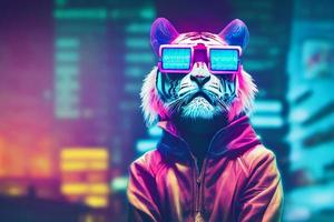 tigre cyberpunk avec des lunettes de soleil, vêtu de vêtements de couleur néon photo