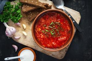 bortsch ukrainien traditionnel avec oignon vert et crème sure. délicieuse soupe de betteraves dans un bol avec du pain de seigle. vue de dessus photo