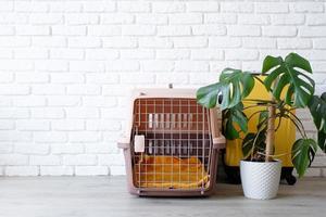 coin pour animaux de compagnie porte-animaux en plastique ou cage pour animaux de compagnie avec étui de voyage jaune sur le sol à la maison photo