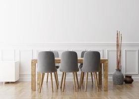 mur blanc vide dans la salle à manger moderne. maquette d'intérieur dans un style classique. espace libre, copiez l'espace pour votre image, votre texte ou un autre dessin. table à manger avec chaises grises, parquet. rendu 3d. photo