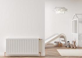 radiateur de chauffage blanc sur mur blanc dans une chambre moderne. intérieur de la maison. système de chauffage central. le chauffage devient de plus en plus cher. crise de l'énergie. rendu 3d. photo