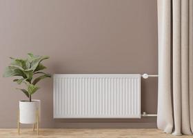 radiateur de chauffage blanc avec thermostat sur mur marron. système de chauffage central. gratuit, copiez l'espace pour votre texte. rendu 3d. photo