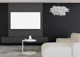tv led avec écran blanc vierge, accroché au mur à la maison. maquette de télévision. copiez l'espace pour la publicité, le film, la présentation de l'application. écran de télévision vide prêt pour votre conception. intérieur moderne. rendu 3D.
