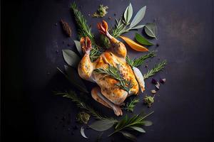 poulet désossé aux herbes sur fond de pierre noire. photo