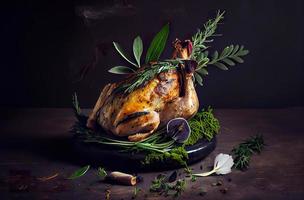 poulet désossé aux herbes sur fond de pierre noire. photo