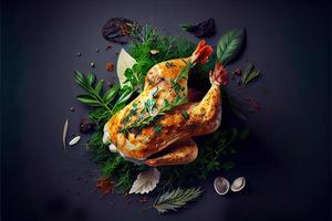 poulet désossé aux herbes sur fond de pierre noire. photo