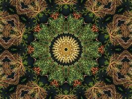 fond de kaléidoscope abstrait noir avec ornement de feuilles pour le motif de vibes de noël photo