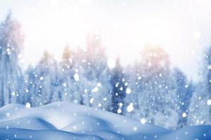 fond d'hiver de noël avec neige et bokeh floue. joyeux noël et bonne année carte de voeux. forêt d'hiver gelée avec des arbres couverts de neige. photo
