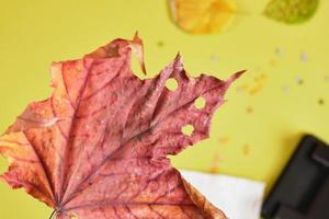 feuilles d'automne avec trous ronds d'un perforateur et confettis pour les vacances, confettis écologiques zéro déchet photo