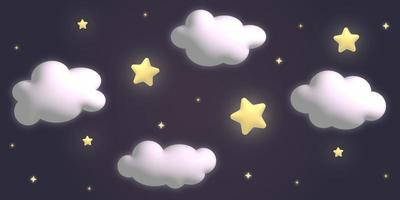 ciel étoilé de l'espace. dessin animé étoiles 3d rougeoyantes et nuages blancs dans le ciel nocturne. rendu 3d. fond horizontal mignon pour affiche, bannière, présentation. bonne nuit et concept de sommeil serré. rendu 3d photo