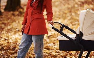 vue rapprochée. mère en manteau rouge se promener avec son enfant dans le landau dans le parc à l'automne photo