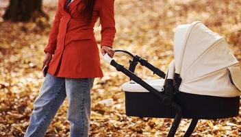 vue rapprochée. mère en manteau rouge se promener avec son enfant dans le landau dans le parc à l'automne photo