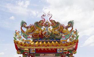 les arches d'entrée des temples chinois présentent des statues de dragons et de tigres volants, créatures mythiques de la littérature chinoise, souvent ornées dans les temples, et sur les toits se trouvent de belles sculptures photo