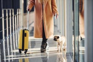 jeune passagère en vêtements chauds avec billets, son chien et ses bagages dans le hall de l'aéroport photo