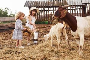 deux petites filles ensemble à la ferme en été ayant un week-end avec des chèvres photo