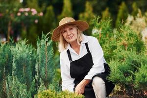 une femme âgée est dans le jardin pendant la journée. conception des plantes et des saisons photo