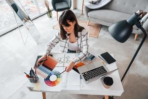 avec ordinateur portable sur la table. la jeune travailleuse indépendante est à l'intérieur de la maison pendant la journée photo