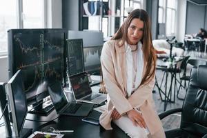 pose pour la caméra. la jeune femme est à l'intérieur du bureau. beaucoup d'affichages photo