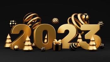 bonne année 2023 design doré avec boîte-cadeau et balle. éléments décoratifs de vacances sur fond noir. illustration de rendu 3d photo
