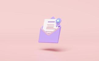 Enveloppe ouverte violette 3d, icône de lettre avec message de notification, médaille du gagnant, ruban de garantie de qualité doré isolé sur fond rose. concept de courrier électronique entrant en ligne, illustration de rendu 3d photo