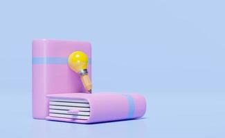 manuel rose 3d, icône de livre fermé avec ampoule, crayon isolé sur fond bleu. éducation à la pointe de l'idée, la connaissance crée un concept d'idées, résumé minimal, illustration de rendu 3d, chemin de détourage photo