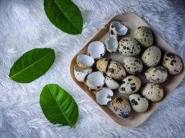 oeufs de caille de caille, une collection d'oeufs de caille sur une plaque de bois avec un fond de couverture de plumes blanches photo