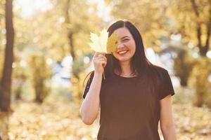 portrait de brune qui s'amuse avec des feuilles dans un magnifique parc d'automne photo