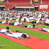 new delhi, inde, 21 juin 2022 - séance d'exercices de yoga en groupe pour les personnes du complexe sportif de yamuna à delhi lors de la journée internationale du yoga, grand groupe d'adultes assistant à un cours de yoga au stade de cricket photo