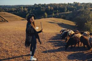 Berger femelle et troupeau de moutons sur une pelouse photo