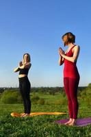 deux jeunes filles blondes en costume de sport pratiquent le yoga sur une colline verdoyante pittoresque en plein air le soir. le concept de sport exerçant à l'extérieur photo