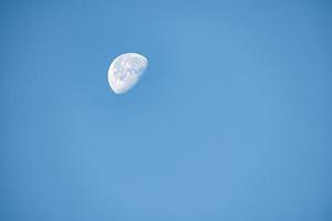 gros plan de la lune le matin avec fond de ciel bleu photo