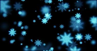 bel effet bokeh festif, flocons de neige bleu noël nouvel an brillant tombant brillant avec effet de flou sur fond noir. fond abstrait. économiseur d'écran photo