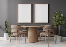 deux cadres photo verticaux vides sur un mur gris dans une salle à manger moderne. maquette d'intérieur dans un style scandinave contemporain. espace libre pour photo, affiche. table en bois, chaises, plantes. rendu 3d.