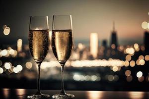 une paire de verres à champagne est posée sur une table devant une fenêtre, surplombant les toits de la ville la nuit. le ciel est rempli de feux d'artifice colorés, illuminant le ciel nocturne. photo