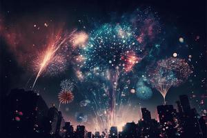 une illustration colorée de feux d'artifice éclatant dans le ciel nocturne, célébrant l'arrivée de la nouvelle année. les teintes vibrantes de rouge, de bleu et d'or illuminent le ciel sombre, créant une atmosphère festive. photo