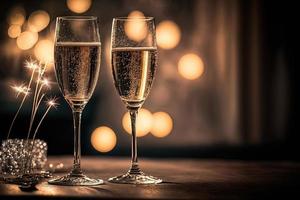 une paire de verres à champagne est posée sur une table devant une fenêtre, surplombant les toits de la ville la nuit. le ciel est rempli de feux d'artifice colorés, illuminant le ciel nocturne. photo