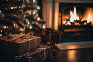 cadeaux de noël près du feu ouvert le soir de noël avec de belles décorations de noël photo