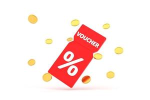 coupon de réduction avec signe de pourcentage avec des pièces. remise en argent par carte de bon avec promotion de code de coupon. photo