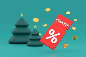 coupon de réduction avec signe de pourcentage avec des pièces. carte de bon d'achat remise en argent sapin de noël. photo