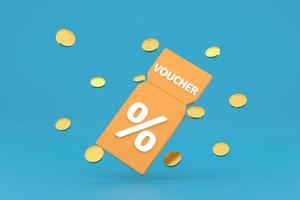 coupon de réduction avec signe de pourcentage avec des pièces. remise en argent par carte de bon avec promotion de code de coupon. photo