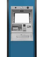 Distributeur automatique de billets avec écran blanc isolé sur fond blanc photo