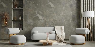intérieur de style industriel avec canapé gris et fauteuil gris sur mur de ciment foncé. photo